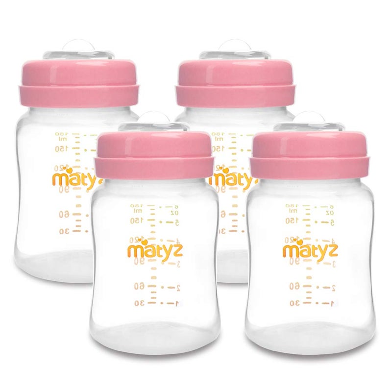 Matyz 4-PACK Breast Milk Collection And Storage Bottles (Pink, 6oz Each) - No BPA Breastmilk Storage Containers With Lids - Pumping Storage Bottles For Philips Avent Medela Spectra Breast Pumps - Image 1