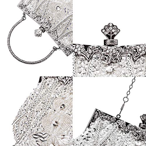 Zebrum Womens Evening Clutch Bag Designer Evening Handbag Hand Bag,Lady Party Wedding Clutch Purse (Silver-Vintage Style Beaded and Sequined) - Image 5