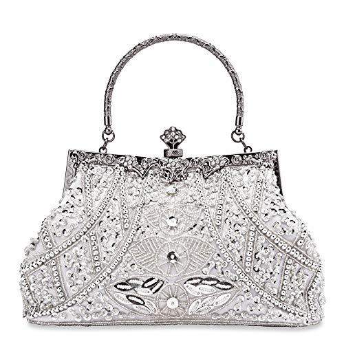 Zebrum Womens Evening Clutch Bag Designer Evening Handbag Hand Bag,Lady Party Wedding Clutch Purse (Silver-Vintage Style Beaded and Sequined) - Image 2