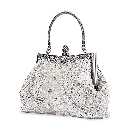 Zebrum Womens Evening Clutch Bag Designer Evening Handbag Hand Bag,Lady Party Wedding Clutch Purse (Silver-Vintage Style Beaded and Sequined) - Image 1
