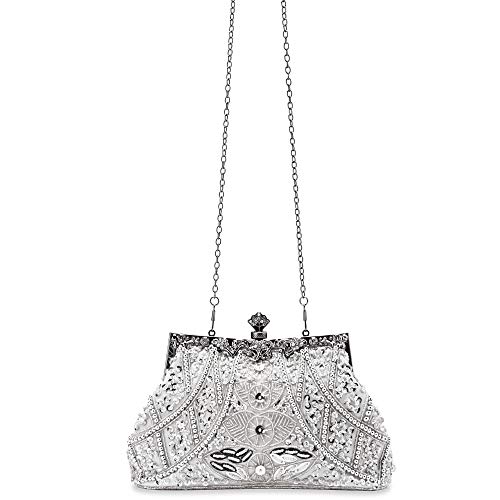 Zebrum Womens Evening Clutch Bag Designer Evening Handbag Hand Bag,Lady Party Wedding Clutch Purse (Silver-Vintage Style Beaded and Sequined) - Image 4