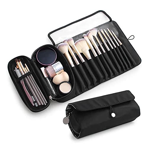 MAYCREATE Polyester Makeup Brush Holder Travel Makeup Brush Organizer Cosmetic Bag Roll Up Storage Case Pouch With 12 Brush Sleeve, Zipper & Mesh Pouch, Waterproof & Dustproof,Black - Image 1