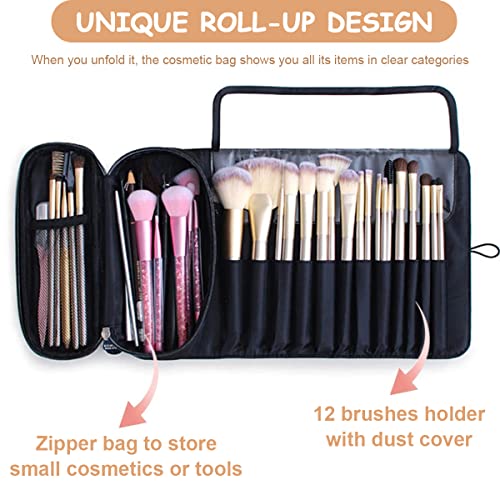 MAYCREATE Polyester Makeup Brush Holder Travel Makeup Brush Organizer Cosmetic Bag Roll Up Storage Case Pouch With 12 Brush Sleeve, Zipper & Mesh Pouch, Waterproof & Dustproof,Black - Image 5