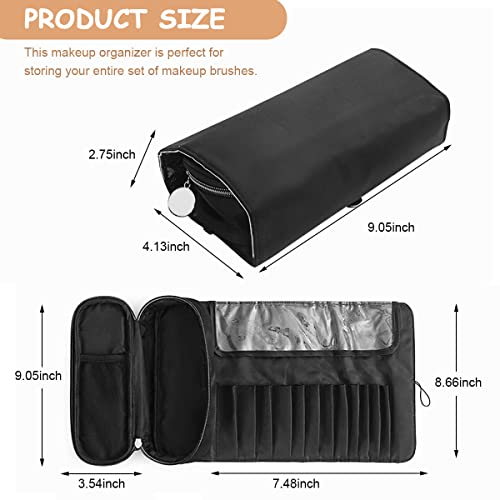 MAYCREATE Polyester Makeup Brush Holder Travel Makeup Brush Organizer Cosmetic Bag Roll Up Storage Case Pouch With 12 Brush Sleeve, Zipper & Mesh Pouch, Waterproof & Dustproof,Black - Image 2