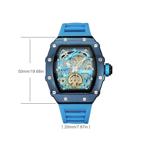 TIME100 Automatic Mechanical Watches for Men Skeleton Square Big Face Wristwatch Adjustable Silicone Strap Blue W60168G, Black&Blue - Image 3