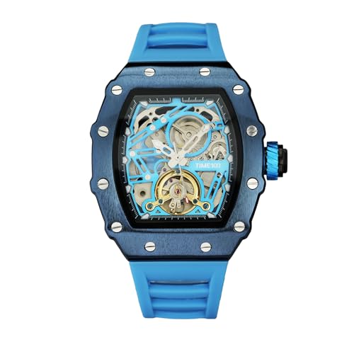 TIME100 Automatic Mechanical Watches for Men Skeleton Square Big Face Wristwatch Adjustable Silicone Strap Blue W60168G, Black&Blue - Image 1