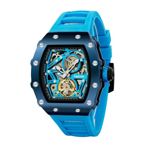 TIME100 Automatic Mechanical Watches for Men Skeleton Square Big Face Wristwatch Adjustable Silicone Strap Blue W60168G, Black&Blue - Image 4