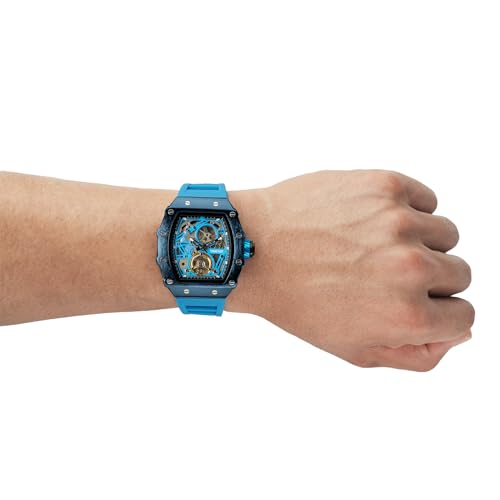 TIME100 Automatic Mechanical Watches for Men Skeleton Square Big Face Wristwatch Adjustable Silicone Strap Blue W60168G, Black&Blue - Image 2