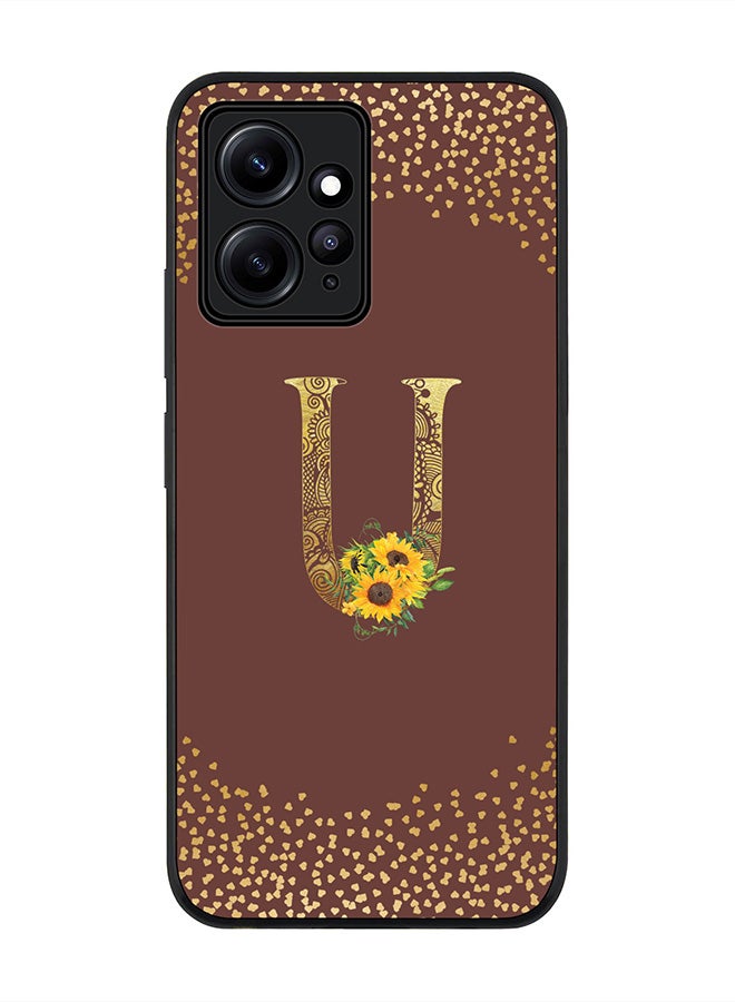 Stylizedd Rugged Black edge case for Redmi Note 12 4G Slim fit Soft Case Flexible Rubber Edges Anti Drop TPU Gel Thin Cover - Custom Monogram Initial Floral Pattern Alphabet - U - Brown - Image 1