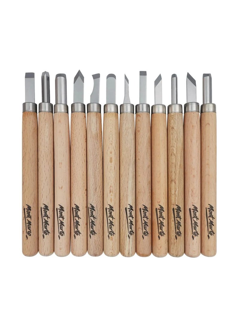 Mont Marte Mont Marte Wood Carving Set of 12 Premium Chisels with High Carbon Steel SK2 Blades and Beech Wood Handles  - Image 1