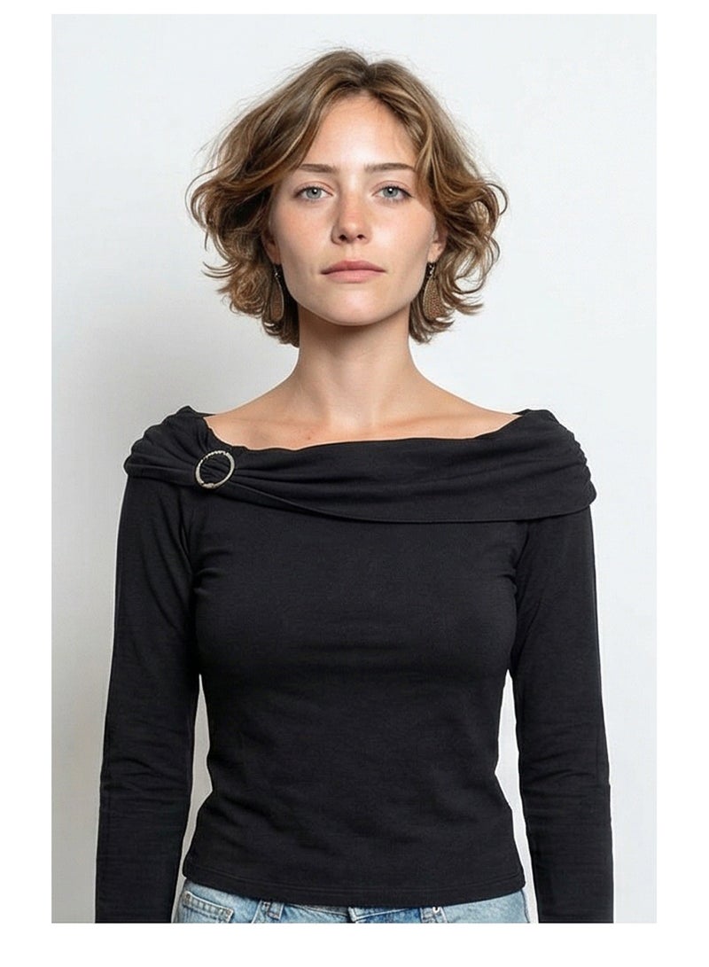 RAVIN Black Draped Boat Neck Long Sleeve Top with Ring Detail - Image 1