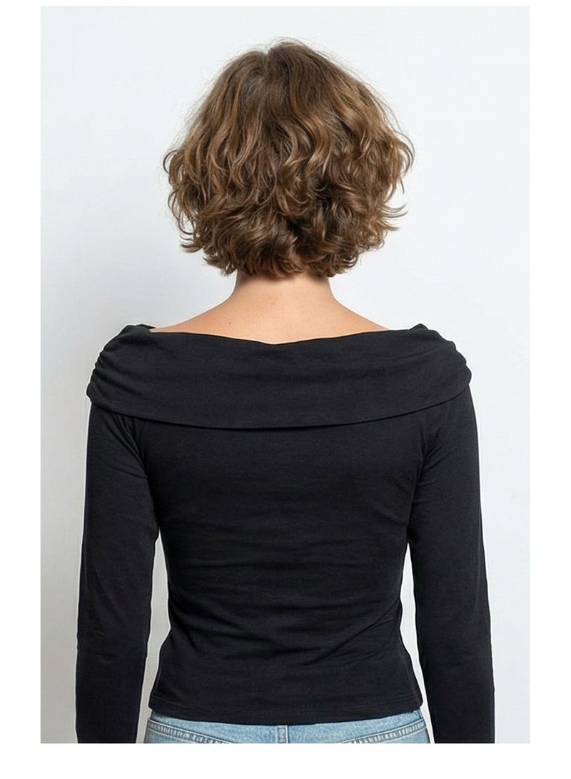 RAVIN Black Draped Boat Neck Long Sleeve Top with Ring Detail - Image 2