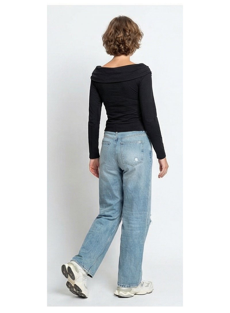 RAVIN Black Draped Boat Neck Long Sleeve Top with Ring Detail - Image 4