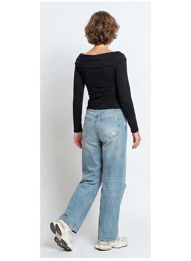 RAVIN Black Draped Boat Neck Long Sleeve Top with Ring Detail - Image 5
