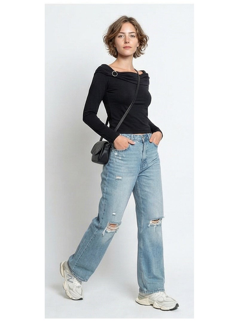 RAVIN Black Draped Boat Neck Long Sleeve Top with Ring Detail - Image 3