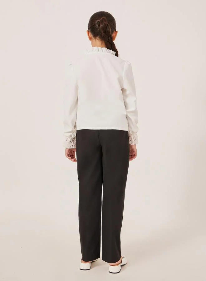 Styli Schiffli Detail Buttoned Top and Wide Leg Pants Set