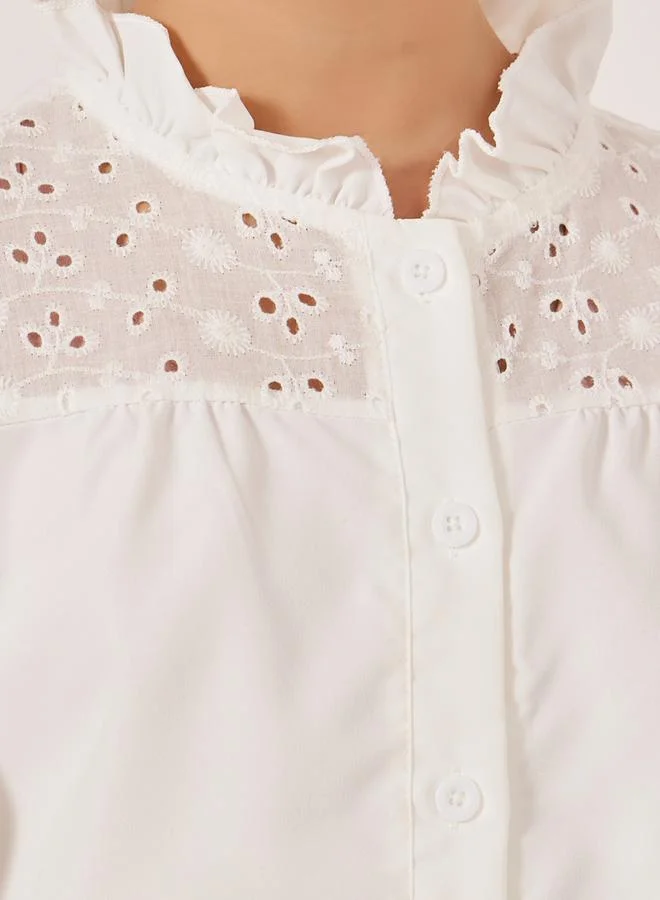 Styli Schiffli Detail Buttoned Top and Wide Leg Pants Set