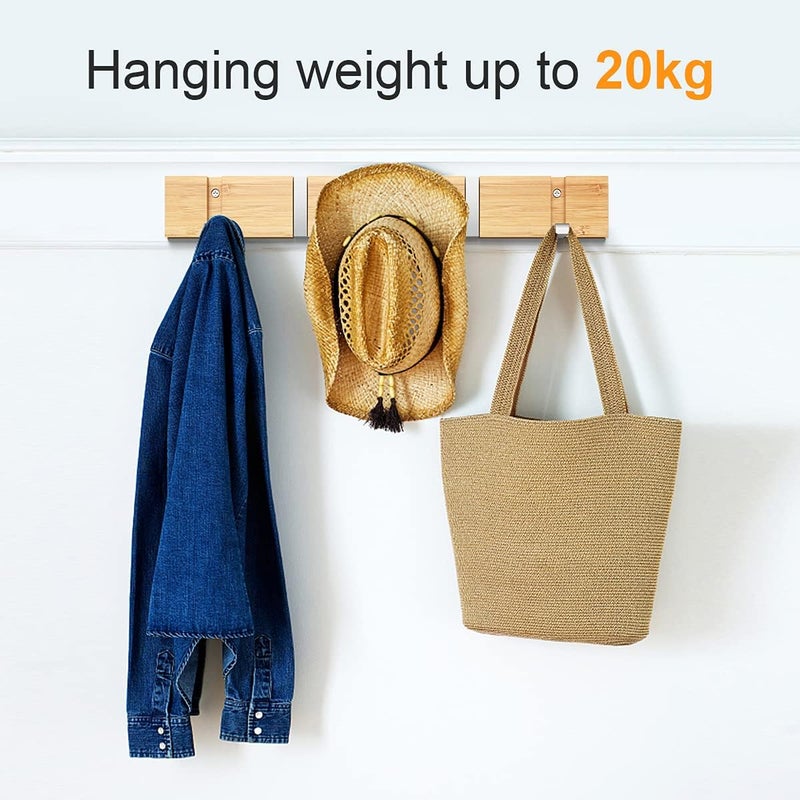 Anjuer Coat Stand, Wall Mounted, Clothes Rack, 5 Hooks, Retractable, Robust, Hat Holder, Bamboo Board, Silver Hooks - Image 4