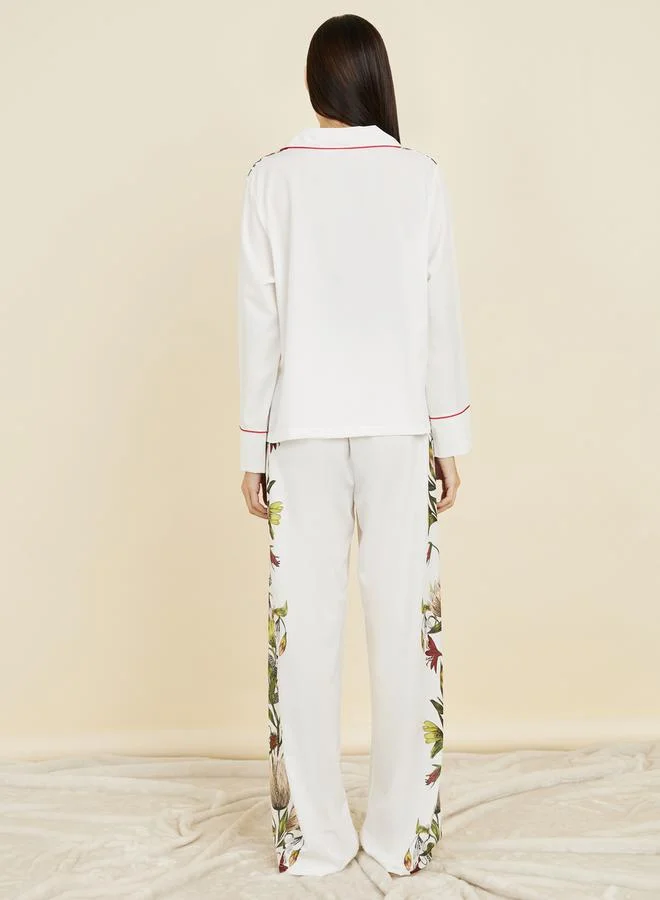 Styli Satin Floral Print Piped Trim Detail Shirt and Pyjama Set
