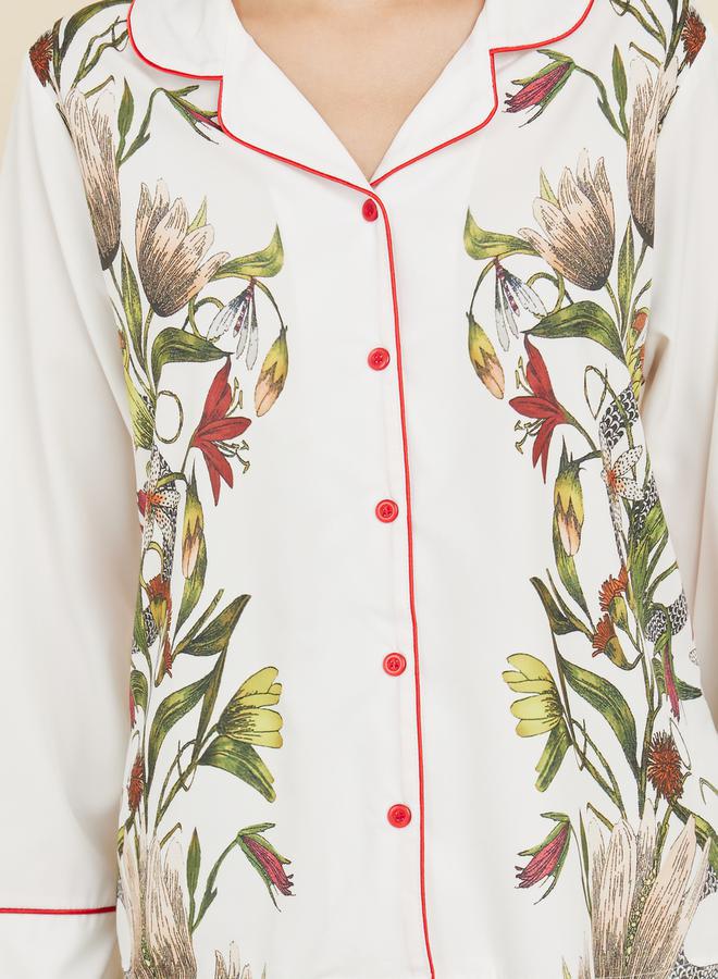 Styli Satin Floral Print Piped Trim Detail Shirt and Pyjama Set  - Image 4