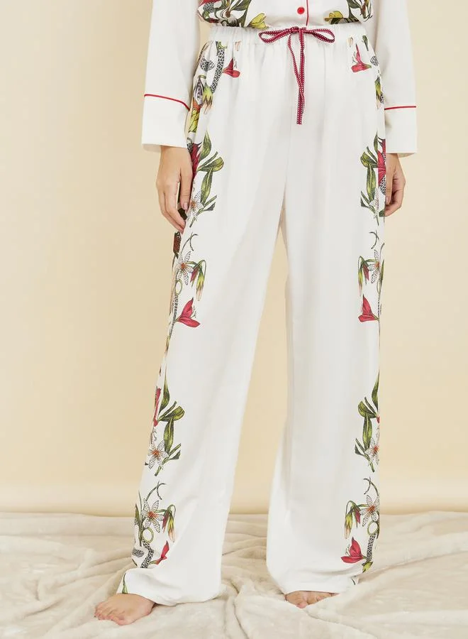 Styli Satin Floral Print Piped Trim Detail Shirt and Pyjama Set