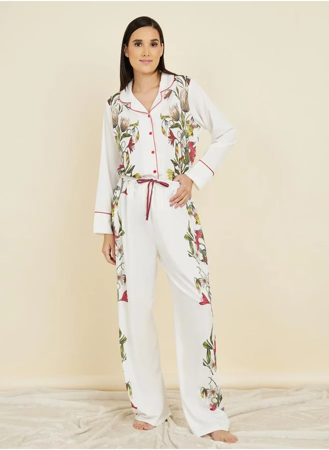 Styli Satin Floral Print Piped Trim Detail Shirt and Pyjama Set