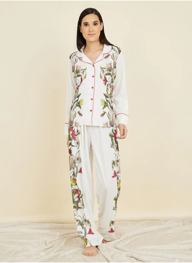 Styli Satin Floral Print Piped Trim Detail Shirt and Pyjama Set