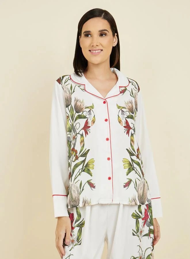 Styli Satin Floral Print Piped Trim Detail Shirt and Pyjama Set