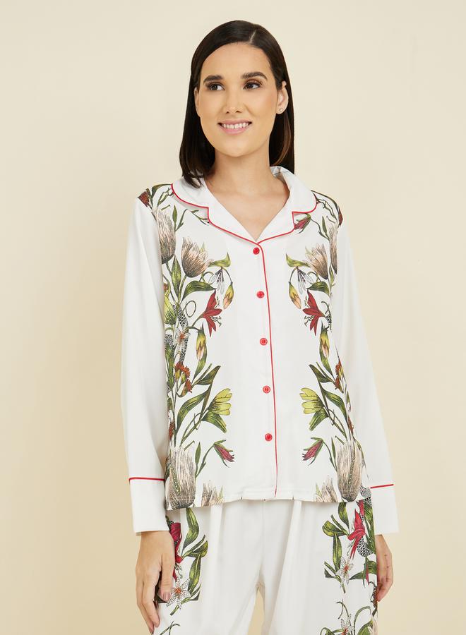 Styli Satin Floral Print Piped Trim Detail Shirt and Pyjama Set  - Image 3