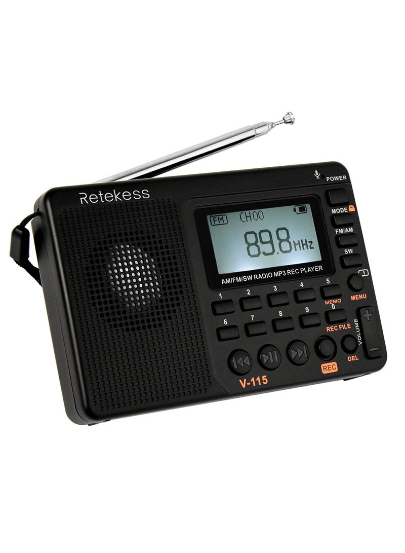 Retekess جهاز استقبال راديو متعدد النطاقات FM/AM/SW ومسجل REC ومشغل MP3 وصوت جهير ومكبرات صوت مع مؤقت نوم باللون الأسود V-115 - Image 1