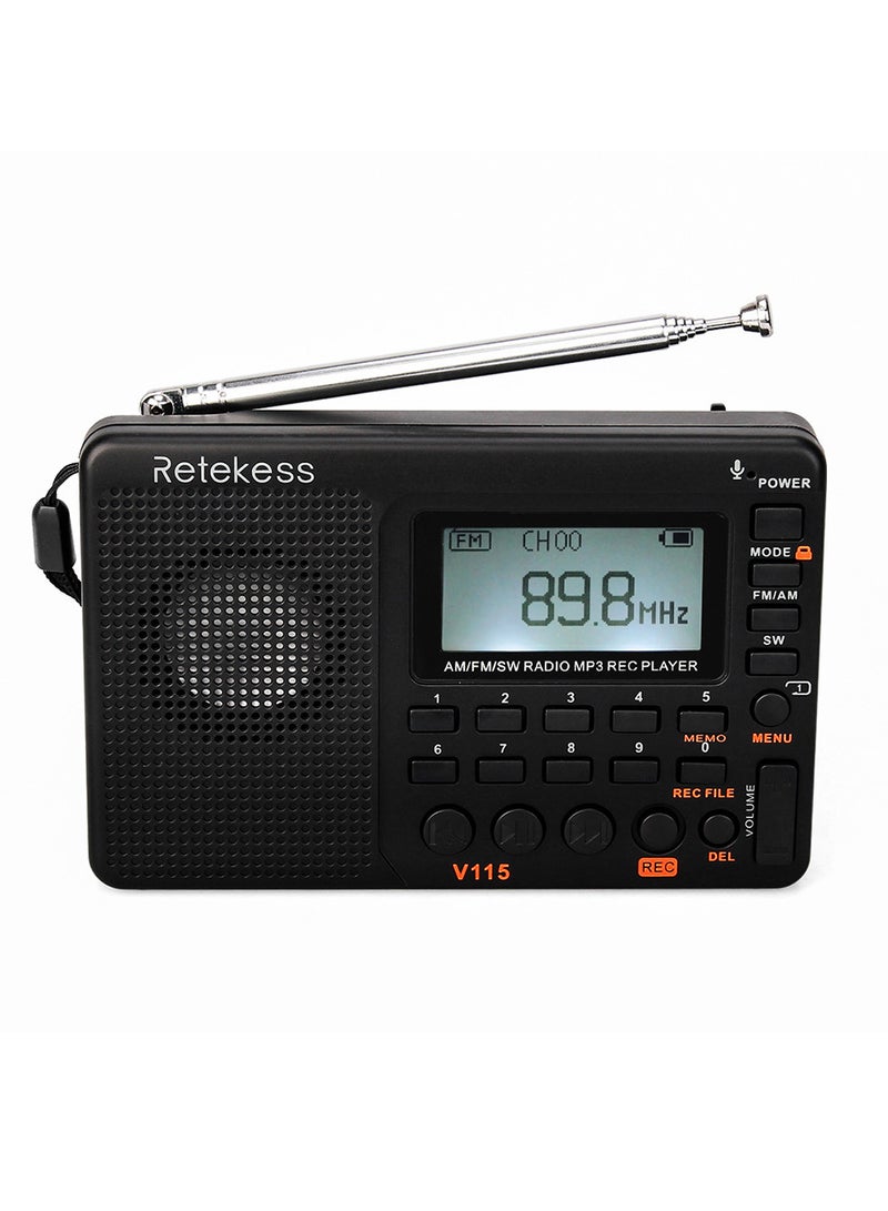 Retekess جهاز استقبال راديو متعدد النطاقات FM/AM/SW ومسجل REC ومشغل MP3 وصوت جهير ومكبرات صوت مع مؤقت نوم باللون الأسود V-115 - Image 2