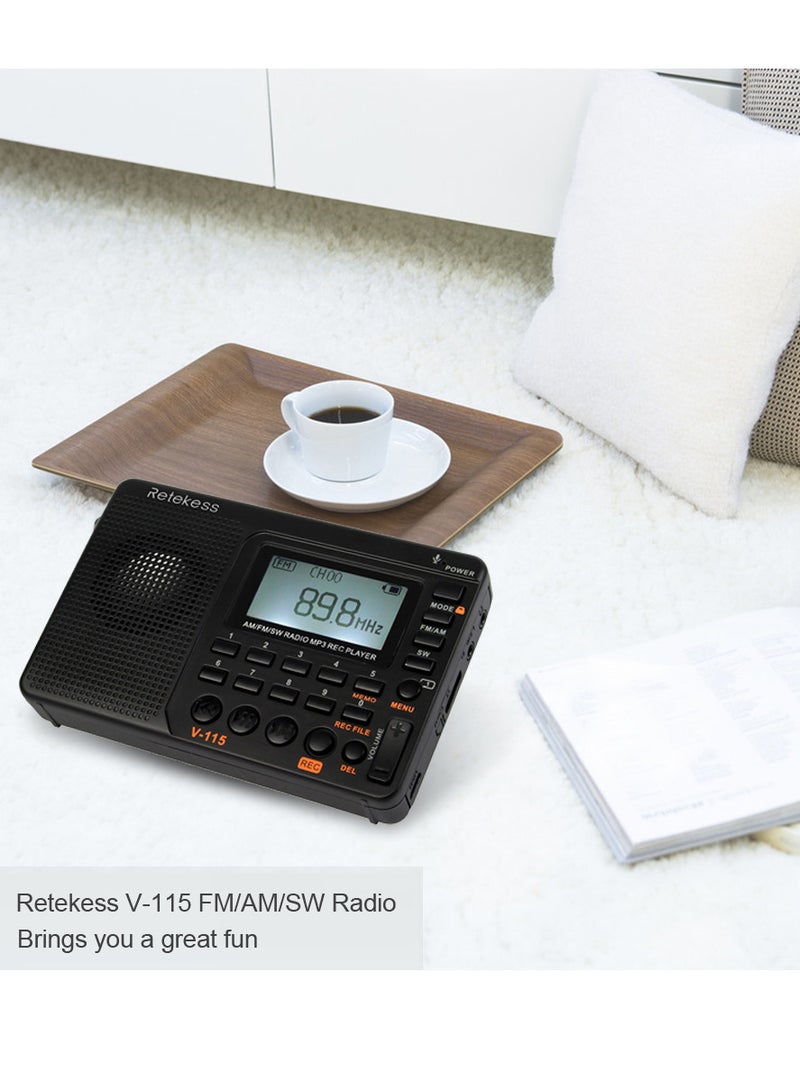 Retekess جهاز استقبال راديو متعدد النطاقات FM/AM/SW ومسجل REC ومشغل MP3 وصوت جهير ومكبرات صوت مع مؤقت نوم باللون الأسود V-115 - Image 5