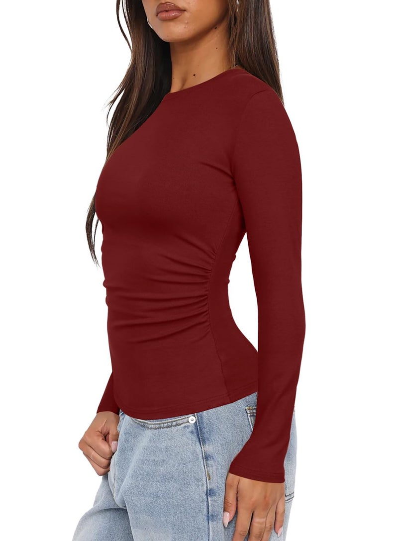 Darong Womens Long Sleeve Shirts Basic Fall Tops Fall Fashion Ruched Slim Fitted Y2k Tops 9067 Red M - Image 3