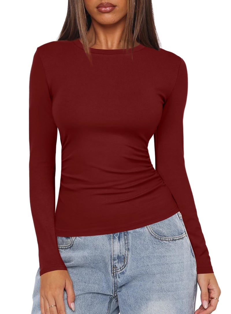 Darong Womens Long Sleeve Shirts Basic Fall Tops Fall Fashion Ruched Slim Fitted Y2k Tops 9067 Red M - Image 1