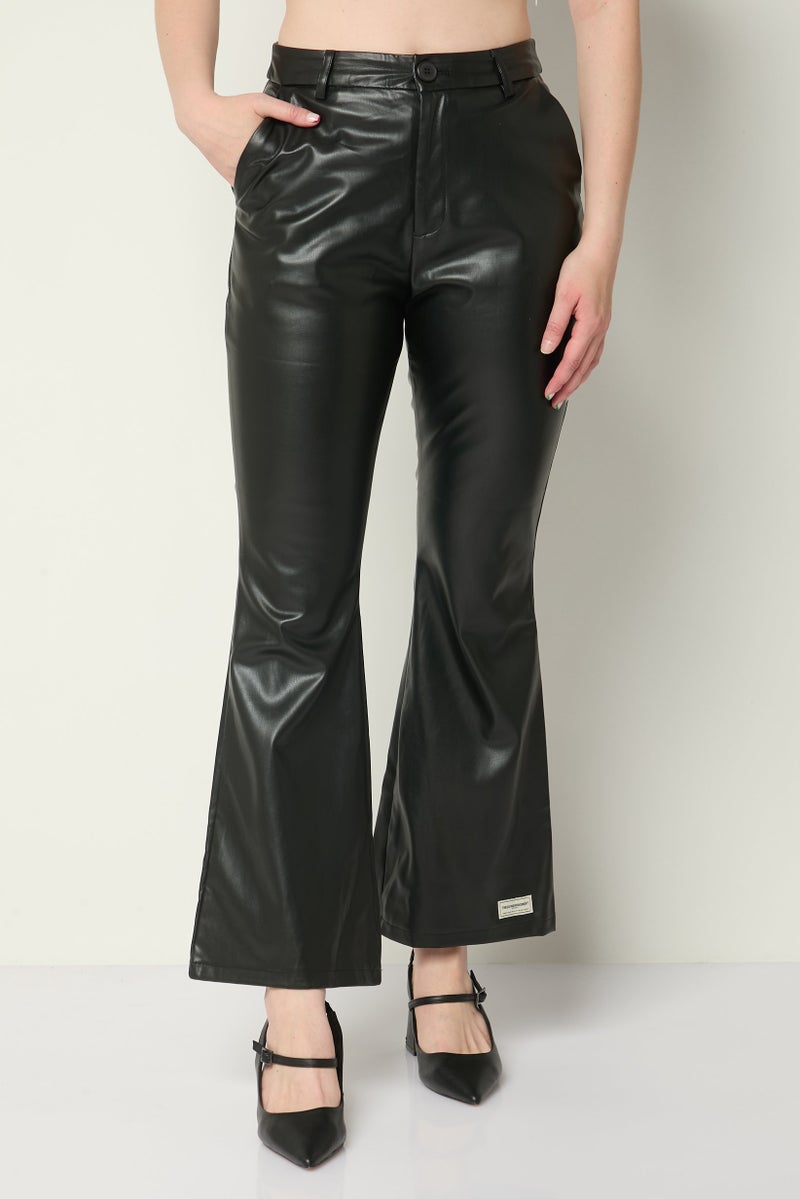 The Giving Movement Women Regular Fit Solid Leather Wide Leg Pants, Black - Image 1