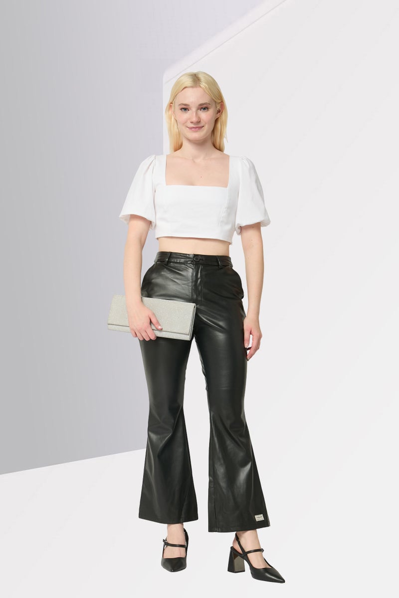 The Giving Movement Women Regular Fit Solid Leather Wide Leg Pants, Black - Image 2