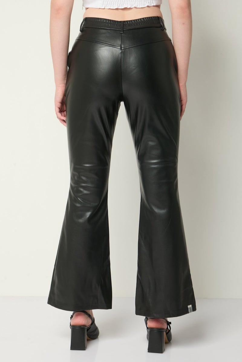 The Giving Movement Women Regular Fit Solid Leather Wide Leg Pants, Black - Image 4