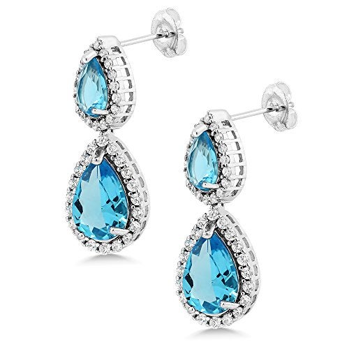 Gem Stone King Beautiful Double Pear Shape Simulated Blue Topaz Cubic Zirconia Dangle Earrings - Image 3