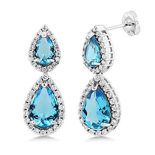 Gem Stone King Beautiful Double Pear Shape Simulated Blue Topaz Cubic Zirconia Dangle Earrings - Image 1