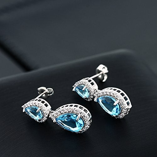 Gem Stone King Beautiful Double Pear Shape Simulated Blue Topaz Cubic Zirconia Dangle Earrings - Image 4