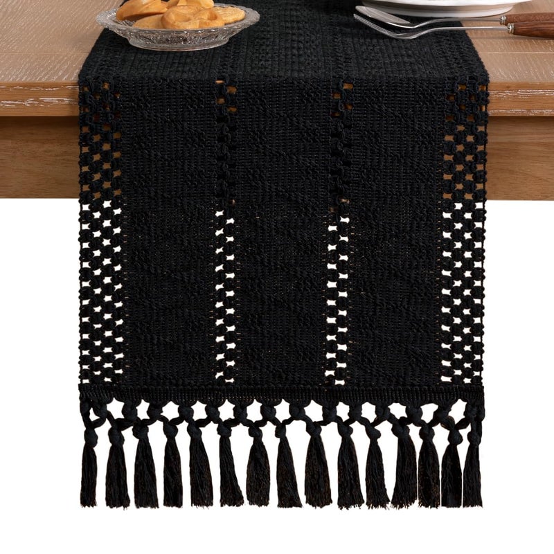 Socomi Boho Table Runner Easter Spring Farmhouse Rustic Dining Kitchen Centerpiece Decor Small Macrame Woven Cotton Linen Coffee Table Runner for Dresser Scarf Home Decor 12x36 inch Black - Image 3