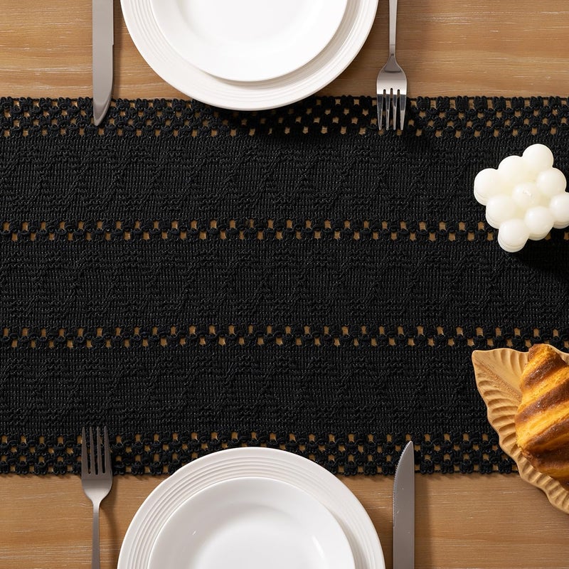 Socomi Boho Table Runner Easter Spring Farmhouse Rustic Dining Kitchen Centerpiece Decor Small Macrame Woven Cotton Linen Coffee Table Runner for Dresser Scarf Home Decor 12x36 inch Black - Image 5