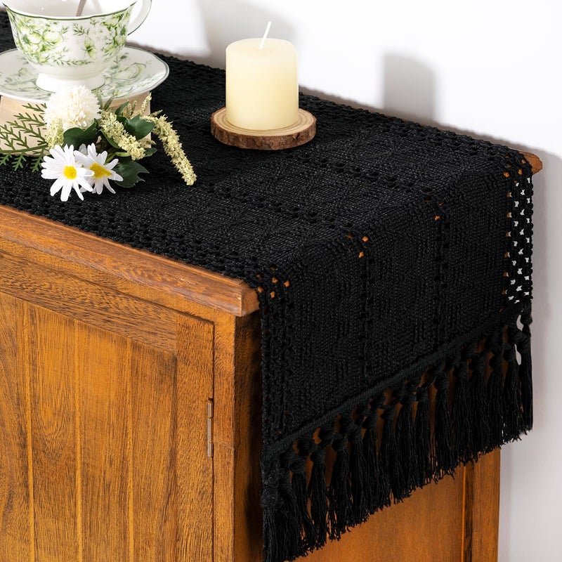 Socomi Boho Table Runner Easter Spring Farmhouse Rustic Dining Kitchen Centerpiece Decor Small Macrame Woven Cotton Linen Coffee Table Runner for Dresser Scarf Home Decor 12x36 inch Black - Image 2