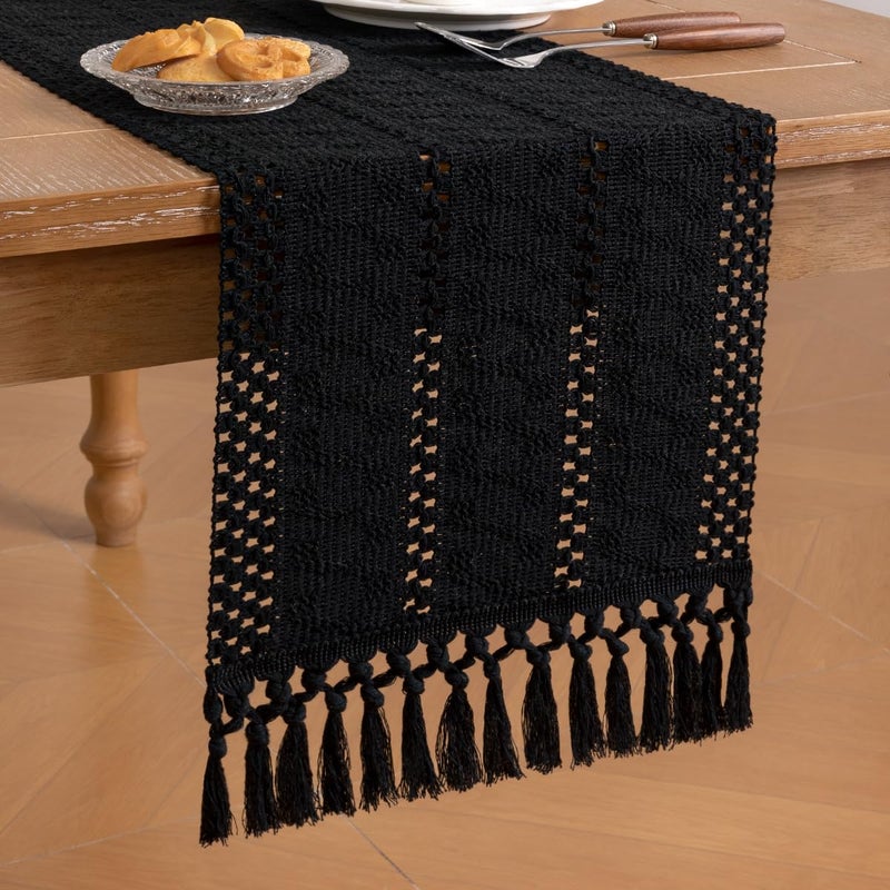 Socomi Boho Table Runner Easter Spring Farmhouse Rustic Dining Kitchen Centerpiece Decor Small Macrame Woven Cotton Linen Coffee Table Runner for Dresser Scarf Home Decor 12x36 inch Black - Image 4