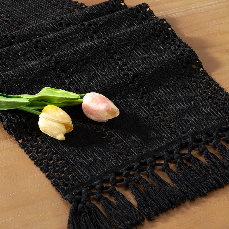 Socomi Boho Table Runner Easter Spring Farmhouse Rustic Dining Kitchen Centerpiece Decor Small Macrame Woven Cotton Linen Coffee Table Runner for Dresser Scarf Home Decor 12x36 inch Black - Image 1