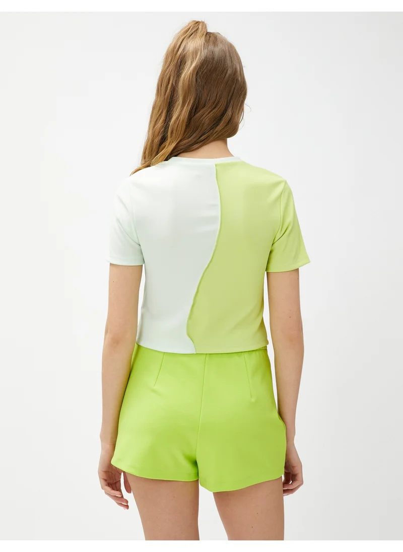 KOTON Crew Neck T-Shirt Ribbed Color Block Short Sleeve