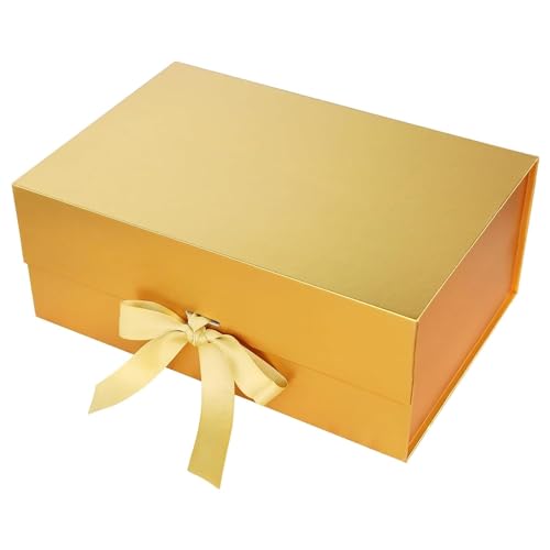 Awestuffs Gift Box Modern Folding Boxes with Ribbon Readymade Boxes for Gifting, Birthday, Parties, Festivals and Return Gifts (Size: Large) (Colour: Elegant Gold) (23 x 16 x 10 cm) (Set of 1) - Image 1