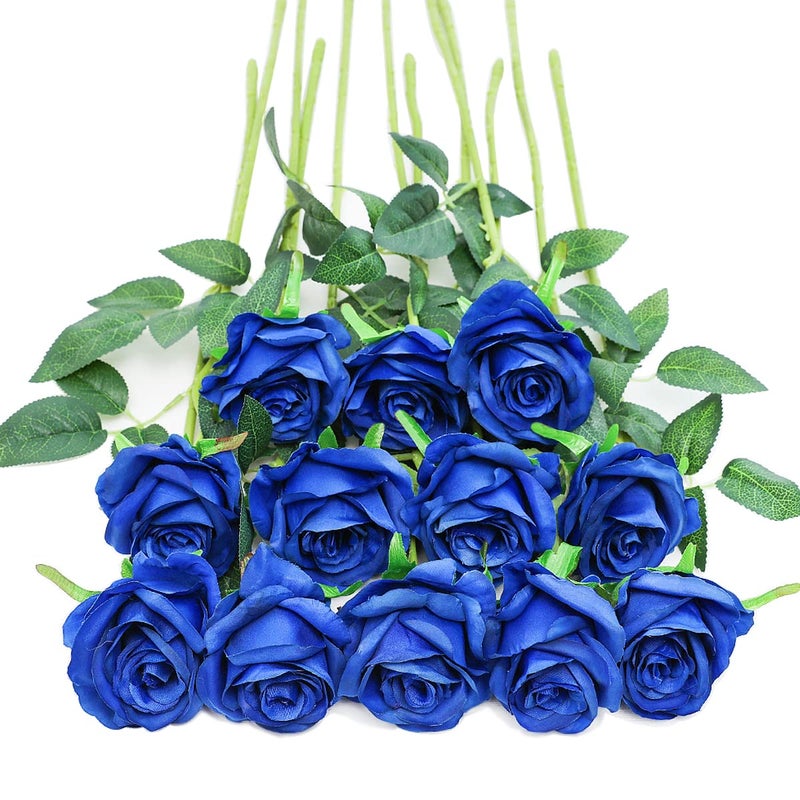 Tifuly Royal Blue Roses Artificial Flowers 12 pcs Realistic Single Long Stem Fake Silk Roses Bouquet for Party Home Wedding Centerpiece Office DIY Decor