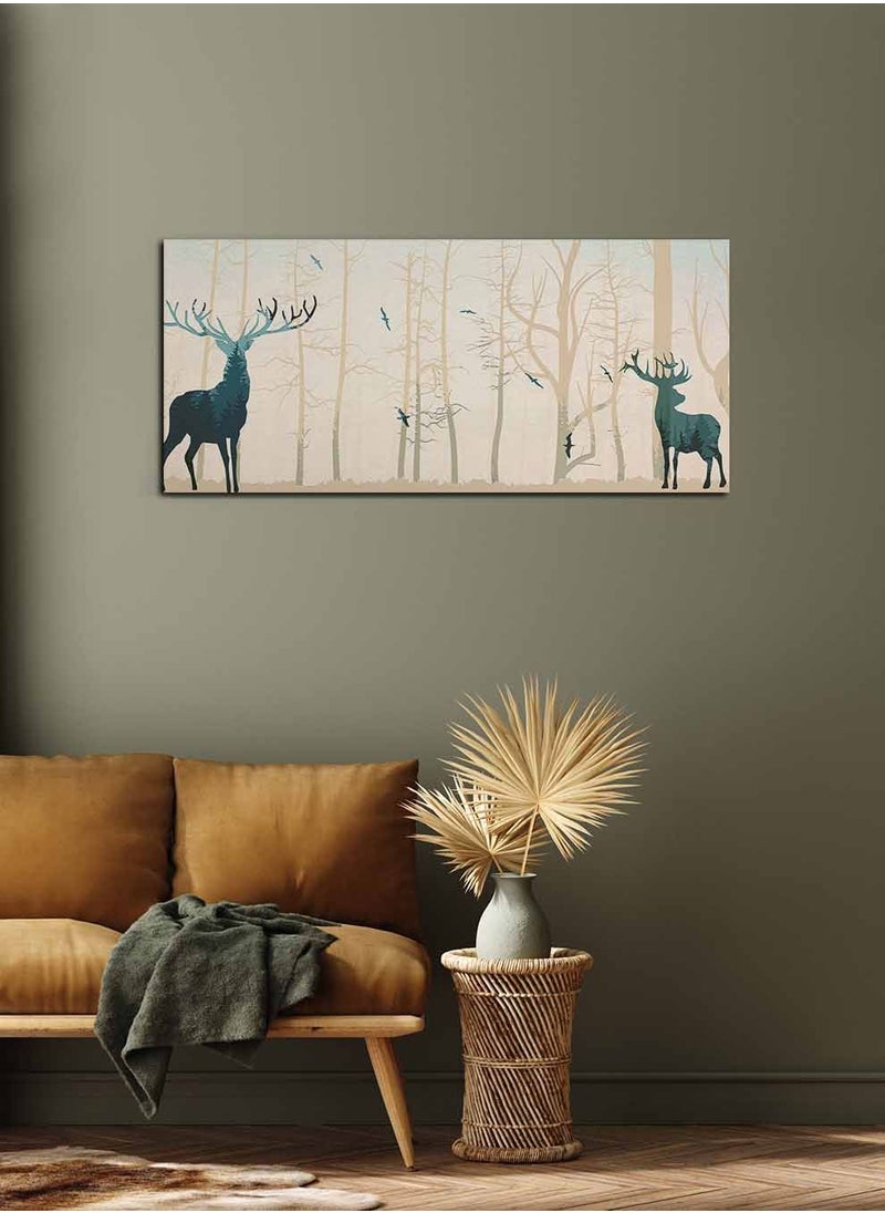 LOWHA Framed Canvas Wall Art Stretched Over Wooden Frame, Panorama Orientation Deer and Forest Abstract Art Painting, For Home, Living Room, Office Décor  - Image 1