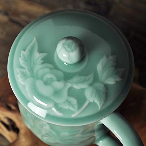 Handmade Celadon Teacups 13oz Coffee Mugs with Lid Porcelain Cups Embossed with Peony Chinese Celadon(01-Sky Blue) - Image 5